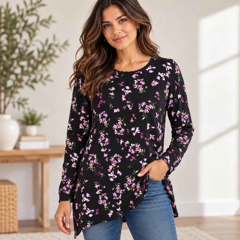 J.Jill Womens Medium Black Purple Floral Rayon Long Sleeve Blouse Keyhole Back